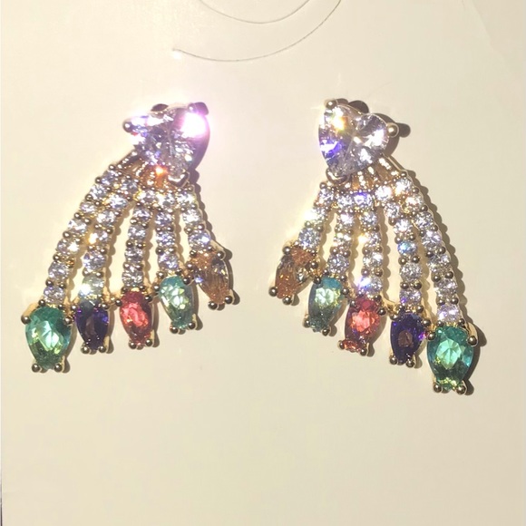 “Bursting Rainbow Heart” Multicolor Crystal Radiating Beams Gold Steel Love Stud - Picture 5 of 11